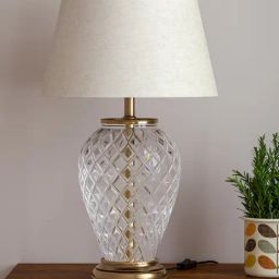 Divine Trends Gold Brass Royal Pure Antique Finish & Diamond Cut Glass Table Lamp with Lampshade-image-3