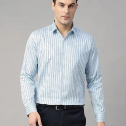 Hancock Sky Blue Cotton Slim Fit Striped Shirt-image-85