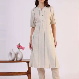 W for Woman Light Beige Yarn Dyed Striped Short Sleeves Cotton Blend Kurta-image-62