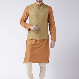KISAH Men Rust Orange & Brown Solid Banarasi Kurta with Churidar & Jacket-15