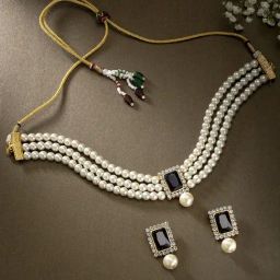 Peora Gold-Plated Black Crystal Beads Studded Choker Necklace & Earrings Jewellery Set-image-62