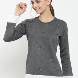 Belle Fille Women Grey Solid Sweatshirt-image-34