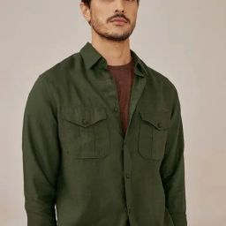 ANDAMEN Dark Green Slim Fit Linen Shirt-image-44