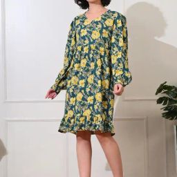 Deckedup Green Cotton Relaxed Fit Floral Print Dress-image-19