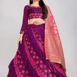Fabcartz Embroidered Thread Work Semi-Stitched Lehenga & Unstitched Blouse With Dupatta-17