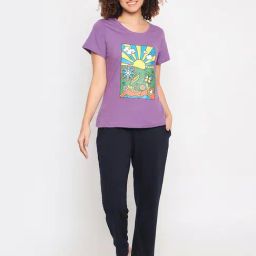 Clovia Purple & Blue Graphic Print Top With Pyjamas-image-95