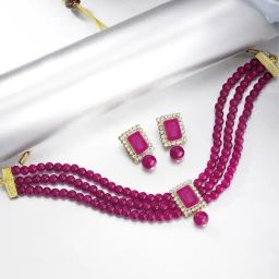 Peora Gold-Plated Rani Pink Crystal Beads Studded Choker Necklace & Earrings Jewellery Set-2