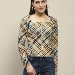 MADAME Beige Chequered Top-image-99