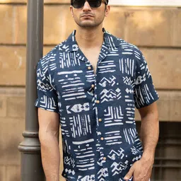 Powerlook Abstract Aztec Printed Cuban Collar Cotton Shirt-image-3