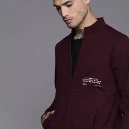 WROGN Men Maroon Applique Mock-Collar Front-Open Sweatshirt-image-40