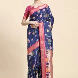 JUST FASHION Blue & Pink Silk Printed Saree With Unstitched Blouse-picture-14