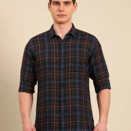 Linen Club Black Linen Slim Fit Checks Shirt-image-92