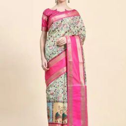 JUST FASHION Green & Pink Silk Floral Print Saree With Unstitched Blouse-image-59