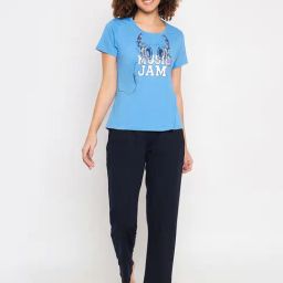 Clovia Light Blue & Navy Printed Top With Pyjamas-picture-18