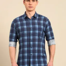 Linen Club Navy Slim Fit Checks Shirt-picture-2