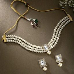Peora Gold-Plated White Crystal Beads Studded Choker Necklace & Earrings Jewellery Set-34