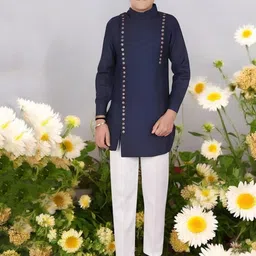 Qtsy Boys Band Collar Pure Cotton Straight Kurta With Pyjamas-36