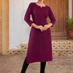 Soch Wine Rayon Sequin Embroidered Boat-Neck Straight Kurta-image-64