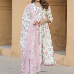 KALINI Floral Printed Pure Cotton Anarkali Kurta With Trouser And Dupatta-31