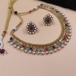 JYONA Gold-Plated Stone Studded & Beaded Jewellery Set-image-9