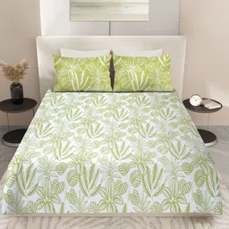 Nivasam Green & White Floral 200 TC King Bedsheet with 2 Pillow Covers-image-2