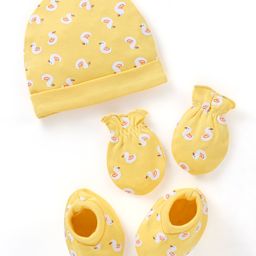 Babyhug 100% Cotton Duck Print Cap Mittens & Booties Set - Yellow-image-83