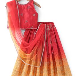 Babyhug Sleeveless Ombray Embroidered Pleated Lehenga Choli and Dupatta Set -Red & Mustard-image-96