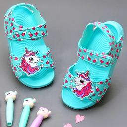 Yellow Bee Unicorn Applique & Heart Printed Velcro Closure sandals - Aqua Blue Pink-image-9