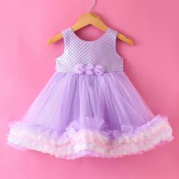 Babyhug Sleeveless Bubble Textured  Party Frock with Frill Detailing & Floral Applique - Lavender-image-88