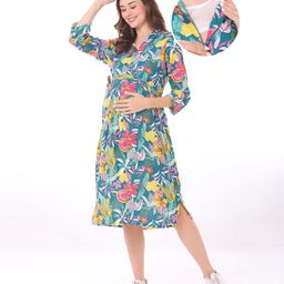Bella Mama Woven Three Fourth Sleeves Maternity Dress with Floral Print - Multicolor-image-118