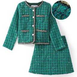 Mark & Mia Full Sleeves Checkered Shimmered Winter Wear Top & Skirt Set with Sequin & Pocket Detailing - Green-image-85