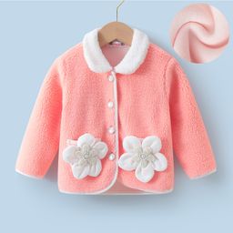 Kookie Kids Full Sleeves Front Open Collar Neck Fur Winter Jacket With Floral Applique - Pink-image-69