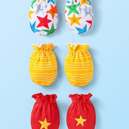 Babyhug Interlock Knit Mittens With Star Print Pack of 3 - White Yellow & Red-picture-1