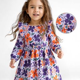 Doodle Poodle Cotton Single Jersey Full Sleeves Frock with Floral Print - White Blue & Orange-image-67