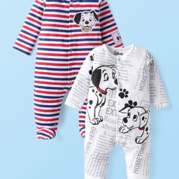 Babyhug Disney Interlock Knit Full Sleeves Footed Sleep Suits Striped & 101 Dalmatians Print Pack of 2 - White & Red-image-120