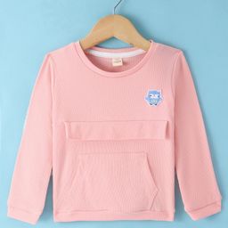 Olio Kids Cotton Knit Full Sleeves Winter T-Shirt with Kangaroo Pockets & Owl Patch - Peach-image-78