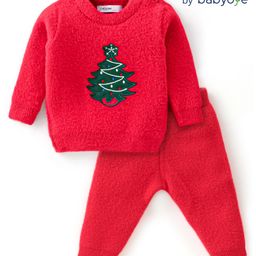 Babyoye Knitted Full Sleeves Pullover Sweater Set With Christmas Tree Applique - Red-image-59