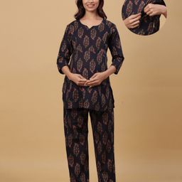 CRAFIQA Cotton Three Fourth Sleeves Floral Printed With Concealed Zipper  Nursing Access Night Suit - Black-image-97