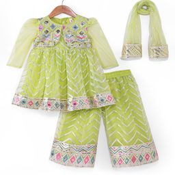 Babyhug Woven Three Fourth Sleeves Kurta Palazzo & Dupatta Set with Sequin Embroidery - Lime Yellow-image-63