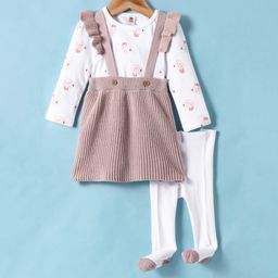ToffyHouse Cotton Knit Full Sleeves Winter Top & Skirt Set With Bear Print & Stockings - Mauve & White-picture-5
