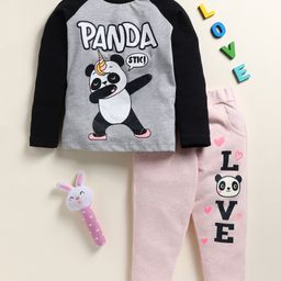 Little Marine Cotton Kint Full Sleeves Panda Printed Night Suit - Grey & Light Pink-image-55