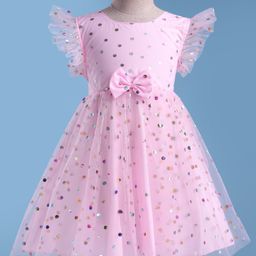 Babyhug Woven Frill Sleeves Mesh Party Party Dress with Foil Print & Bow Applique - Pink-picture-32