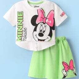 Babyhug Disney Single Jersey Knit Half Sleeves T-Shirt And Skirt Set With Minnie Mouse Graphics - Light Green & White-image-75