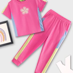 Tiara Cotton Jersey Half Sleeves Beads Embellished Floral Designed Colour Blocked Tee With Coordinating Joggers Set - Pink-picture-13