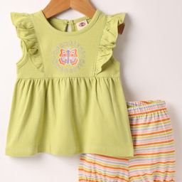 Zero Sinker Knit Frill Sleeves Top & Striped Shorts Set With Butterfly Print - Lime Green-picture-11