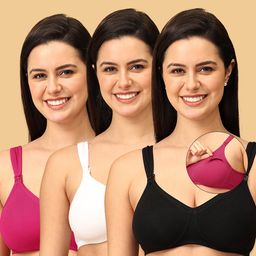 The Mom Store Pack Of 3 Sleeveless Solid Non Padded Nursing Bras - White Black & Fuchsia-picture-13