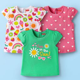 Babyhug Cotton Knit Cap Sleeves T-Shirts with Hearts & Tropical Theme Print Pack of 3 - Pink Light Green & White-image-102