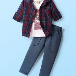 Rikidoos Cotton Full Sleeves Checked Shirt With Typography Printed Tee Pant Set - Maroon & Blue-image-61