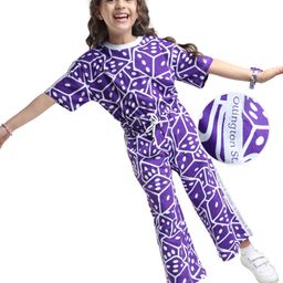 Ollington St. Cotton Co-Ord Set of Half Sleeves Printed Knit Top & Pant - Purple-image-82