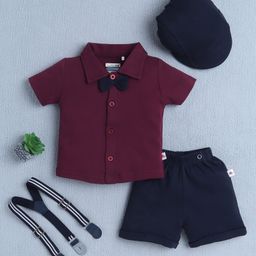 BUMZEE Cotton Knit Half Sleeves Solid Shirt & Shorts Set With Suspender Bow Applique & Cap - Wine & Navy Blue-image-85